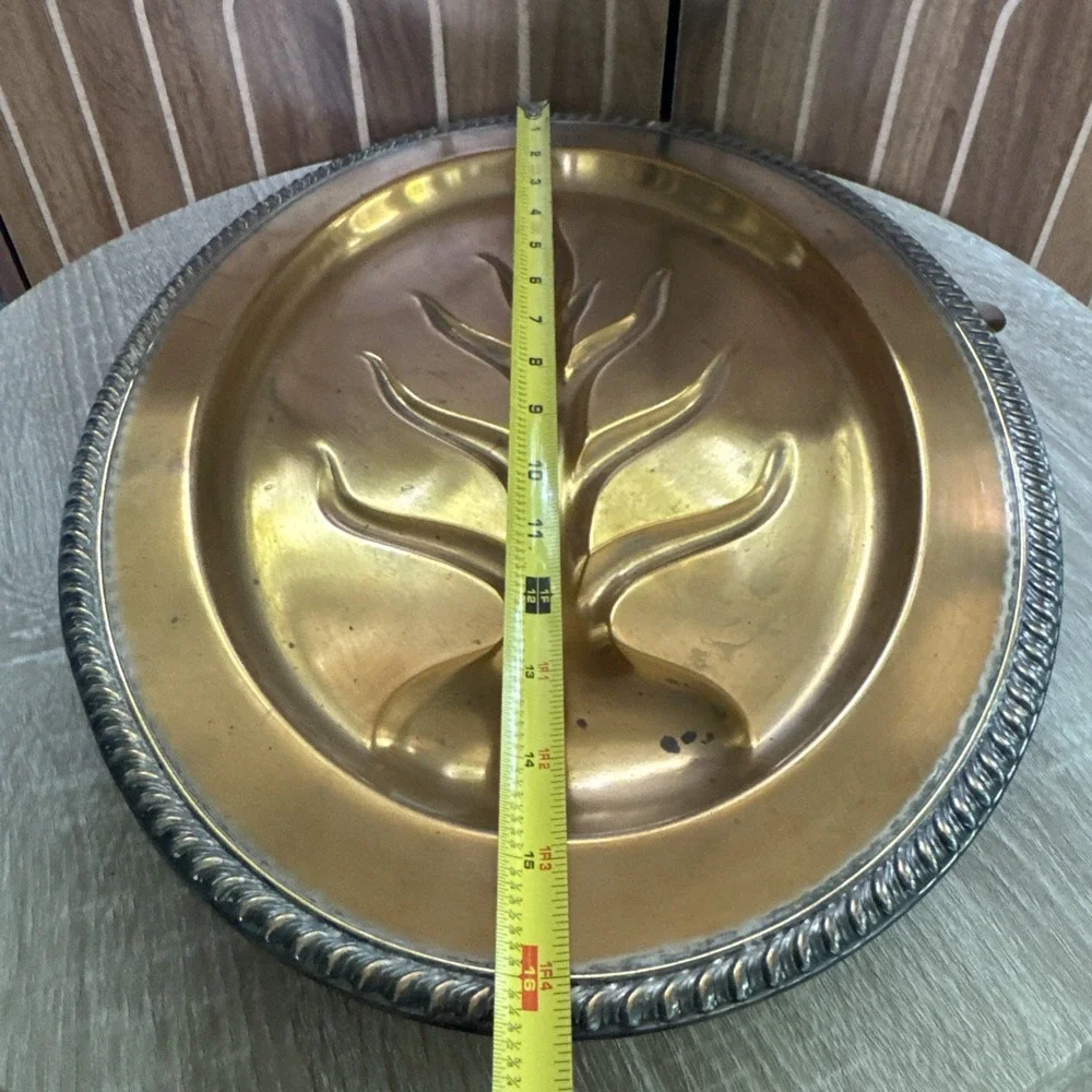 Vintage Tree of Life Metal Serving Tray Oval Footed Decorative Tray Copper